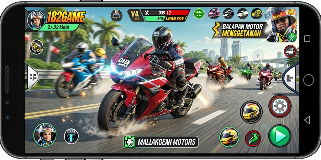 Tampilan gameplay seru dari 182GAME dengan motor berkecepatan tinggi.