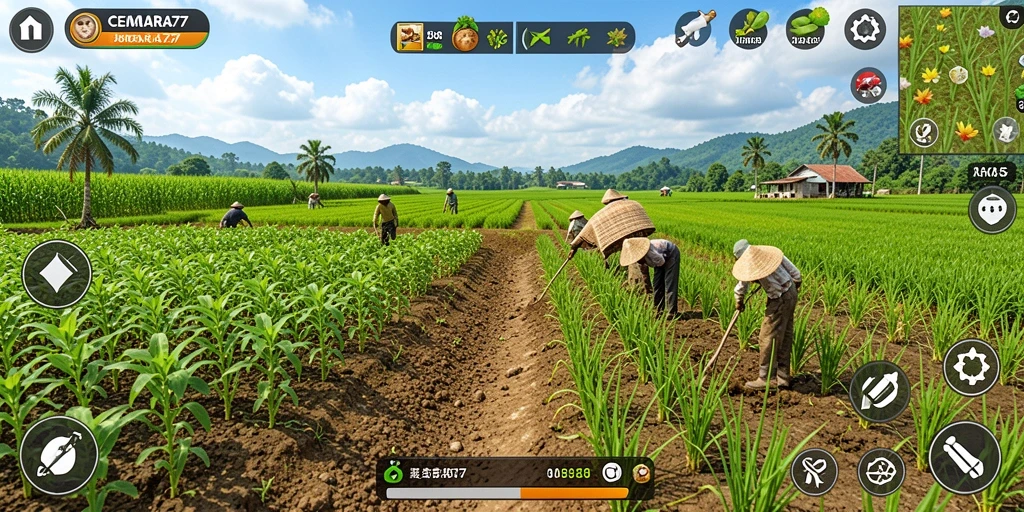 Tampilan gameplay menarik di CEMARA77 dengan berbagai tanaman dan hewan.