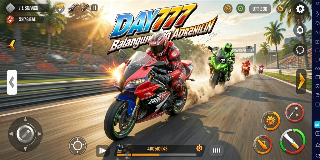 Screenshot utama menampilkan gameplay balap motor yang mendebarkan.