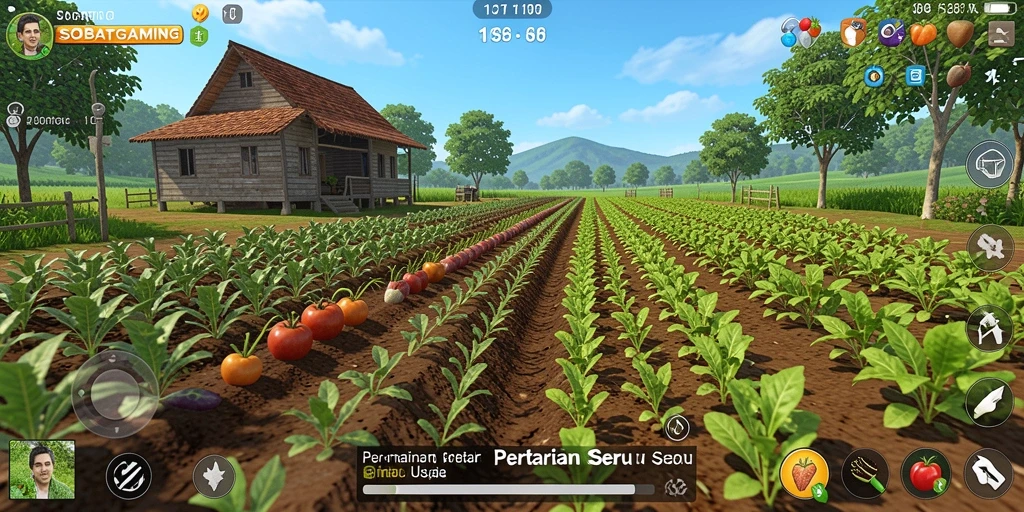 Screenshot gameplay SOBATGAMING yang menunjukkan aktivitas bertani.