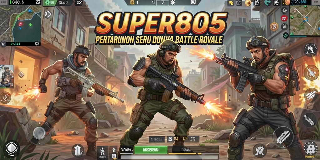 Tangkapan layar gameplay SUPER805 menunjukkan aksi intens dalam pertarungan Battle Royale.