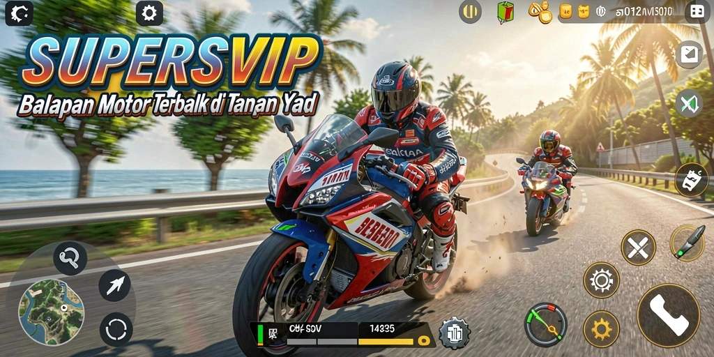 Tangkapan layar gameplay menunjukkan motor balap di trek menantang.