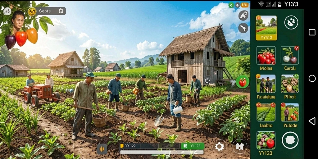Tampilan menarik permainan bertani dengan beragam tanaman.